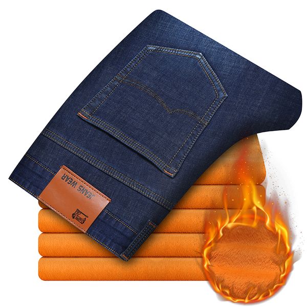 

winter men's warm jeans classic style business fleece thick stretch denim trousers male brand black blue