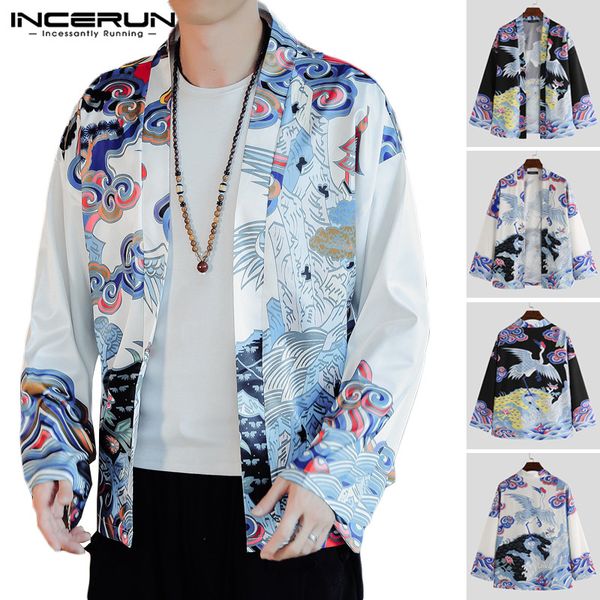 

men's casual shirts incerun men printed shirt ethnic style long sleeve open stitch kimono vintage streetwear clothes loose cardigan 5xl, White;black