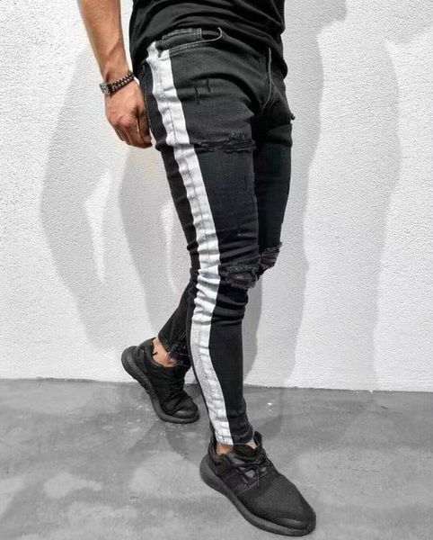 

fashion slim fit ripped jeans for pants men casual mens clothing high street knee holes white striped black jeans, Blue