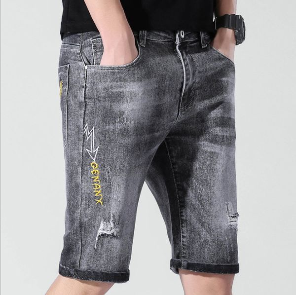 

mens denim shorts new 2019 summer men's denim pants stretchy ripped patched embroidered pant man, Blue