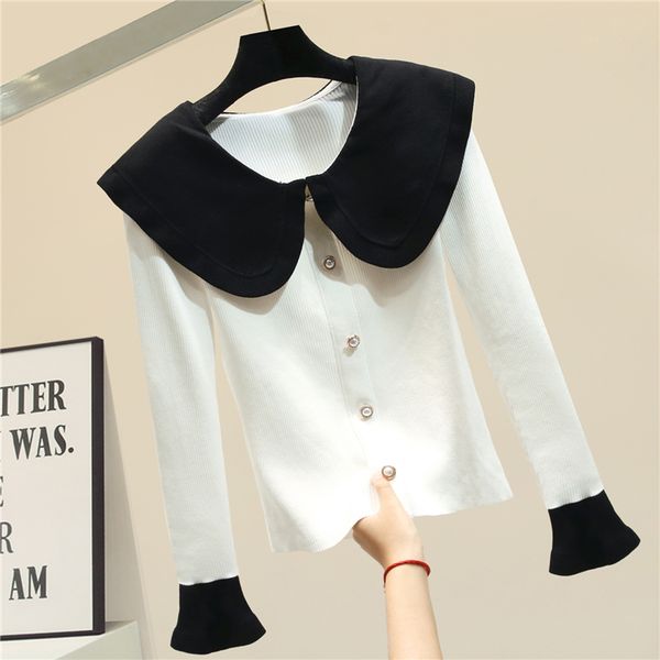 

doll collar slim-fit black bell-sleeve knit sweater women's new spring autumn sweater sweaters jumper femme 2020, White;black