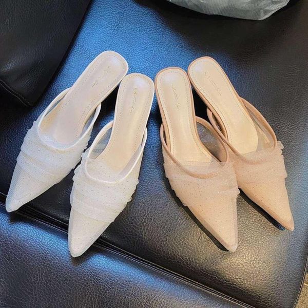 

slippers casual shoes mules for women 2020 thin heels slides lace loafers med cover toe cross-tied luxury fretwork pointed, Black