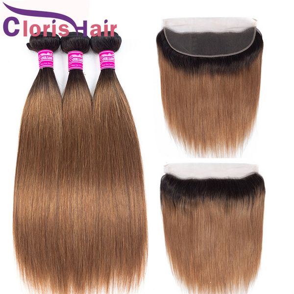 

1b 30 ombre weave straight peruvian virgin blonde human hair 3 bundles with closure ear to ear 13x4 lace frontal with bundles colored auburn, Black;brown