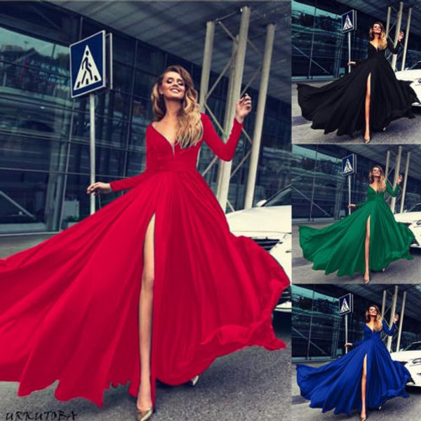 

2019 new party dress women autumn long sleeve long maxi split dress party holiday beach wedding sundress, Black;gray
