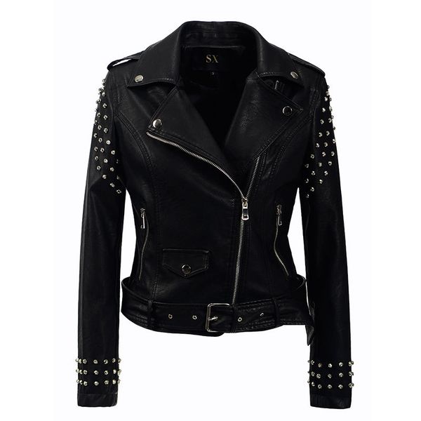 

punk rivet short leather clothes 2019 spring autumn epaulettes rivet handsome leather short motorcycle clothing pu jacket, Black