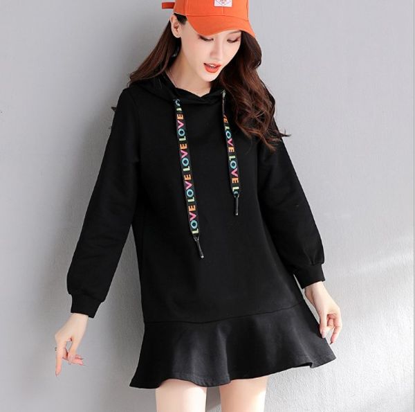 

new arrival women's spring autumn loose long sleeve black hooded pullover hoodies skirt female casual dress, Black;gray