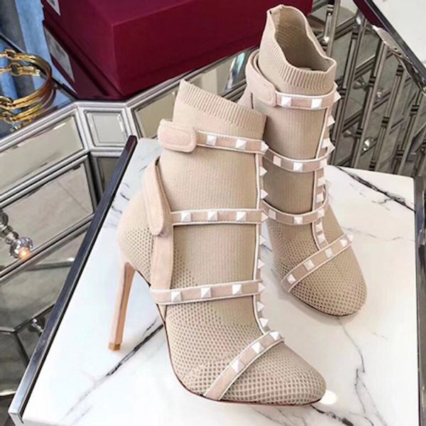 

2019 new fashion designer studs sock boots luxury ladies work ankle boots with leather straps 105mm high heel shoes christmas gifts size, Black