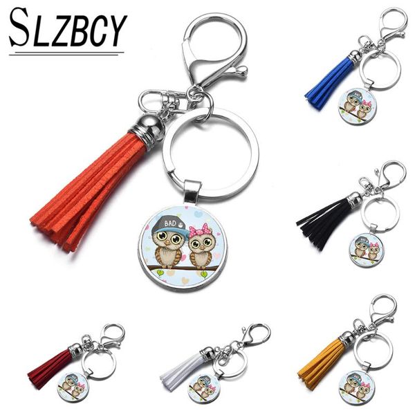 

colorful leather tassel keychain women girl bag pendant metal cute owl car key chains ring handmade jewelry accessory wholesale, Silver
