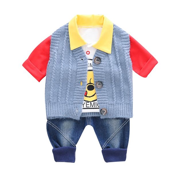 

3pcs toddler kids sport suit baby boys clothing sets autumn children clothes cartoon t-shirt sweater vest jeans pants boys set, White