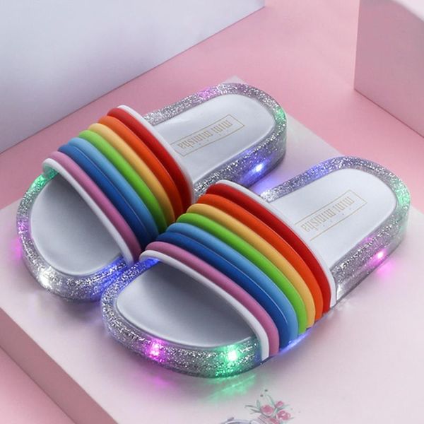 

baby boy девушка радуга тапочки летней светодиодная прохладный soft non-slip главной обувь открытых детей принцесса обувь summern rainny тап, Black;red