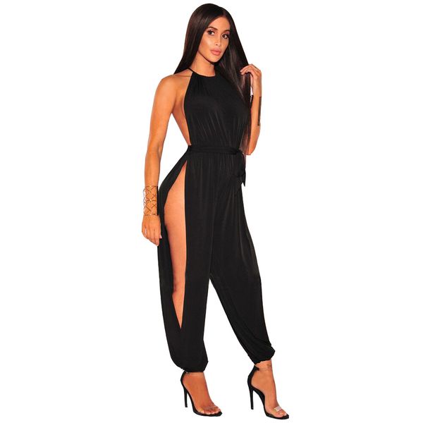 

black jumpsuit women summer sleeveless side split overalls for women full length romper bodysuit, Black;white