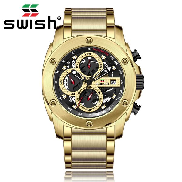 

swish 2020 chronograph quartz watches men fashion brand gold sports watch stainless steel wristwatch male orologi uomo, Slivery;brown