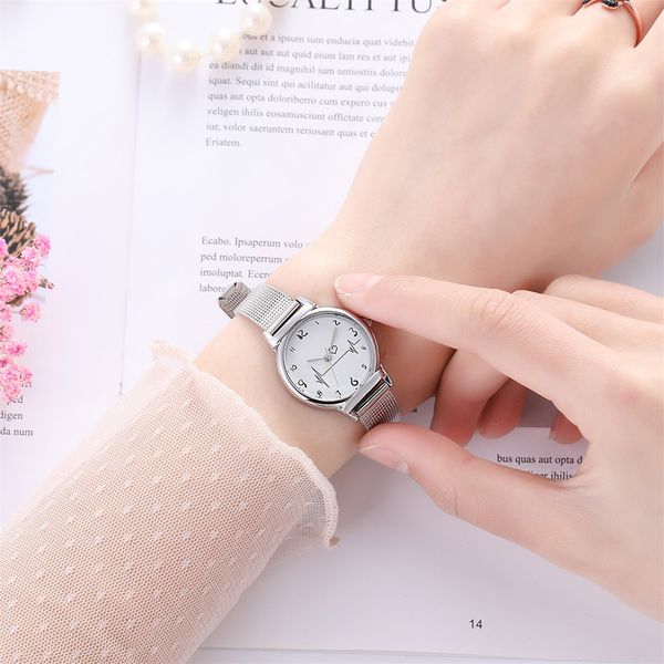

simple mesh belt watch female heart heart scale quartz watch series montre luxe femme stainless steel mesh belt brand, Slivery;brown