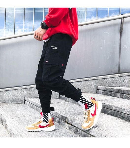 

men vintage cargo pants 2020 mens hiphop khaki pockets joggers pants male korean fashion sweatpants winter overalls, Black