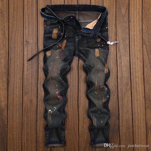 

версия для печати новая мода джинсовая мужчин эластичный рваные тощие брюки велосипедиста джинсы разрушенные проклеенные slim fit hole джинс, Blue