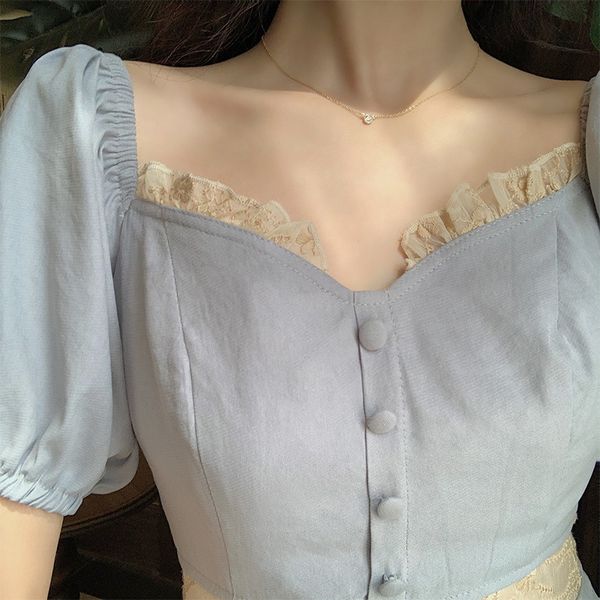 

2020 summer square collar vintage french dress summer embroidered mosaic puff sleeve court style cream blue princess dress, Red