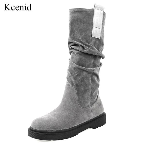

kcenid large size 34-43 chunky heel mid-calf boots women shoes casual fashion pleated slip on warm winter boots women black gray