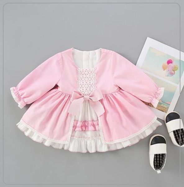 

baby girl designer clothing dress Spain Style boutique Long Sleeve Pink Lace Bow Design girl dress girl clothes dress
