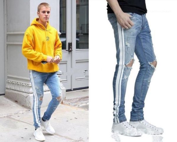 

desigenr jeans fashion vintage slim washedand ripped mid waisted jeans hip hop mens pants street style mens, Blue