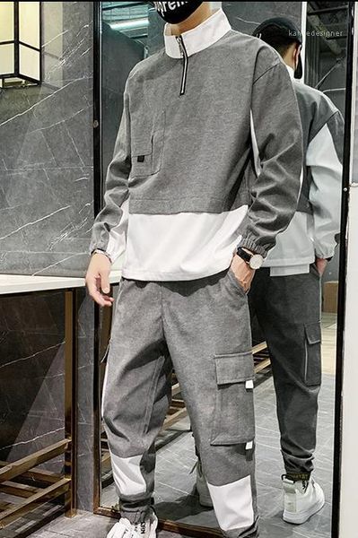 

tracksuits fashion zipper neck panelled long pants mens 2pcs sets casual sports males clothing panelled mens designer, Gray