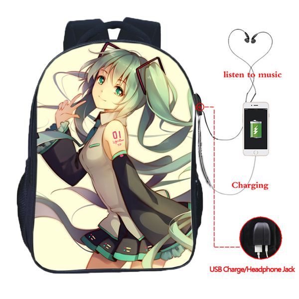

vocaloid hatsune miku usb charging backpack fashion travel rucksack students boys girls school bag