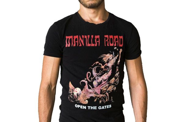 

manilla road open the gates 1985 cover t shirt, White;black