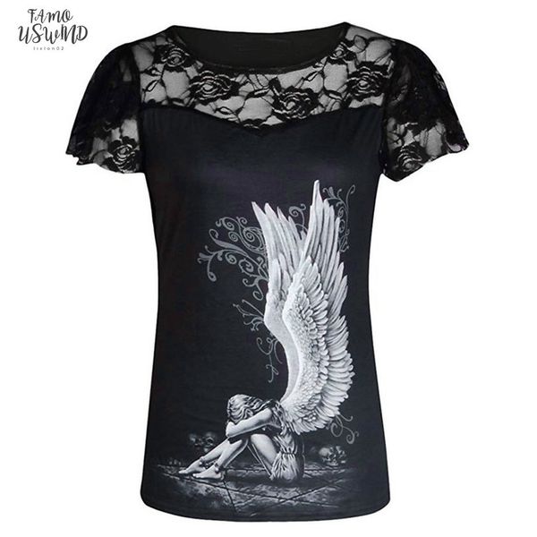 

angel wing punk rock summer t shirt women new arrivals short sleeve women shirt lace patchwork floral camisas, White