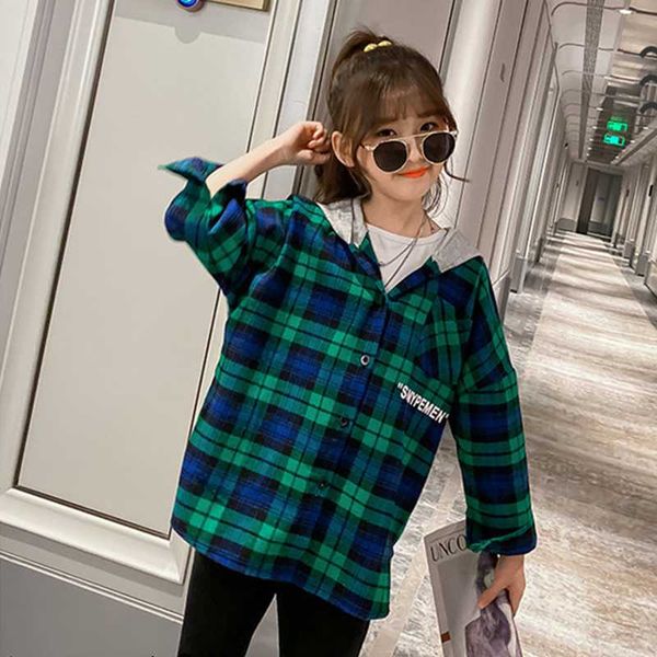 

cuhk children's plaid girls jackets teenager girl single breasted hooded grid long kids jacket toddler cotton blend casual coat, Blue;gray