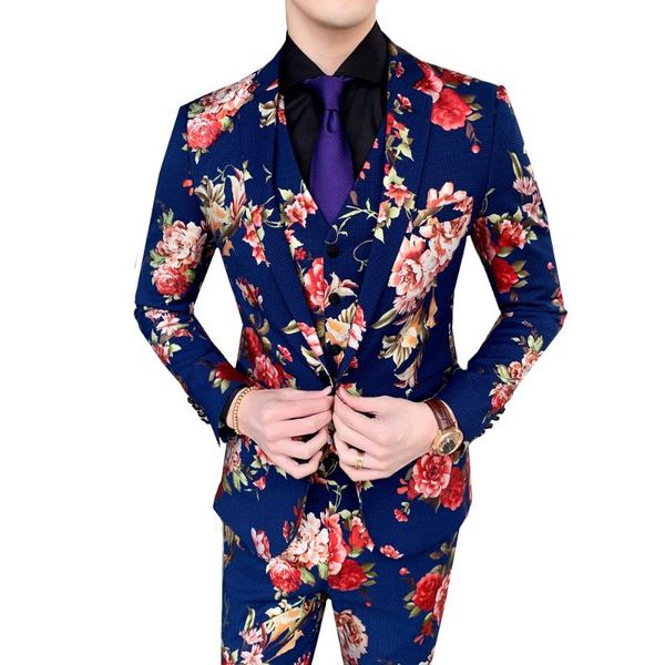 

3piece suit man night club singer stage costume tuxedo groom wedding 2019 new autumn flower print slim fit dress suits for men, White;black