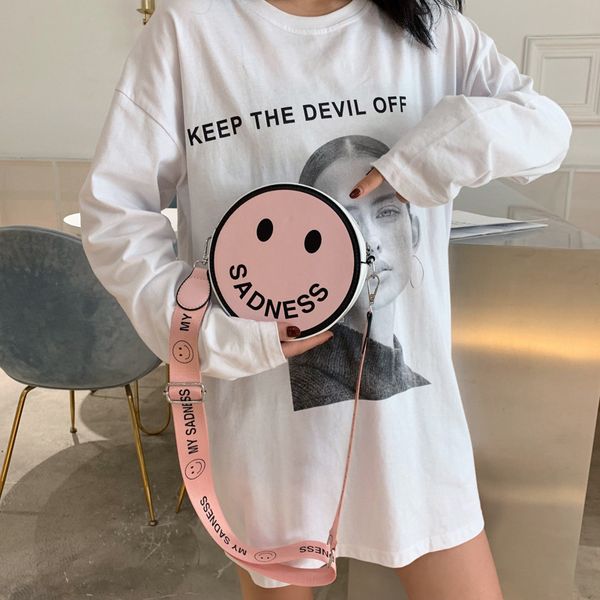 

jiulin smiling face 100 women's bag cartoon wide shoulder belt new 2019 texture small round bag single shoulder slant