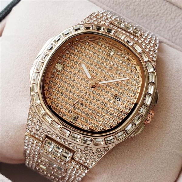 

40mm Date Silver/Gold/Rose Gold Full Diamonds Case for Men Ladies Bezel Quartz Watch
