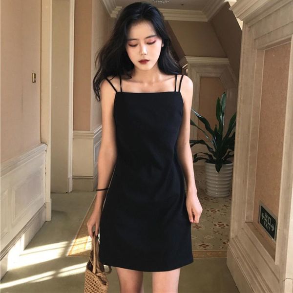 

fashion spring new ins ms. solid color sling collar bag hip dress women's boat neck pure color straps sleeveless summer knee#r20, Black;gray