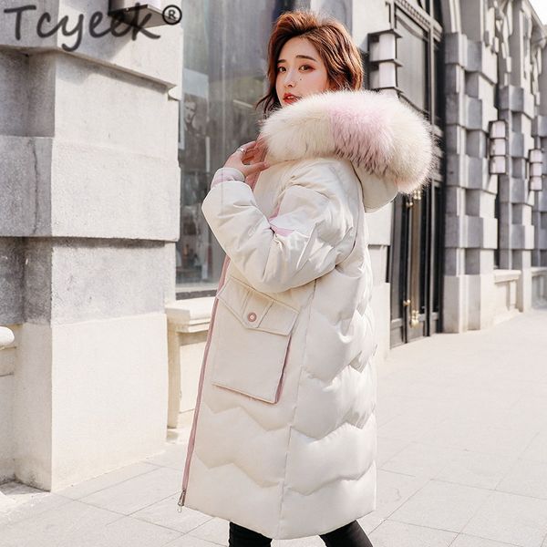 

tcyeek winter down jacket women long down coat female thick warm clothes 2019 ladies real raccoon fur hooded coats hiver 0003, Black