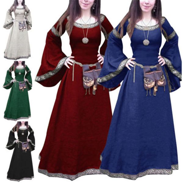 

drop shipping women's medieval cosplay costume renaissance vintage flare sleeve gothic dresses s-5xl, Black;red
