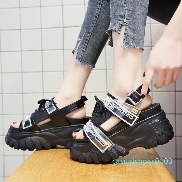

high platform fashion summer leather women thick soled beach sandal casual woman c03, Black
