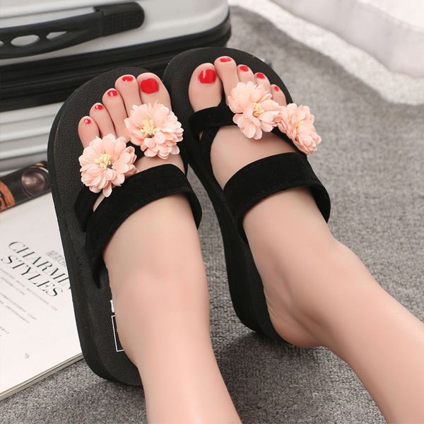 

fashion women slipper flower flip flops sandals beach shoes home slippers slip on flats female slides casual solid woman shoes, Black