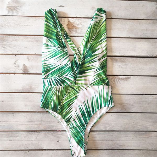 

leaf print bikini 2020 summer push up swimwear women bodysuits one-piece swimsuit female monokini deep v-neck bathers new