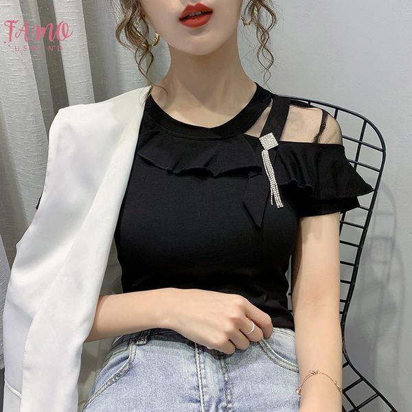 

2020 новый летний сексуальный o шеи лоскутная ruffles футболка женщины хлопок верхняя одежда втулки короткая рубашка mujer тройники t01901, White