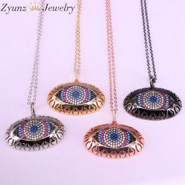

5pcs, rainbow colorful cz charm large oval eye pendant necklace micro pave necklace cubic zirconia pendant, Silver