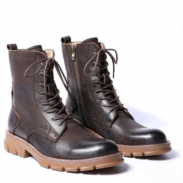 

military british fashion new mens genuine leather cargo boots thick bottom lace up zip round toe male nubuck cow high boots, Black