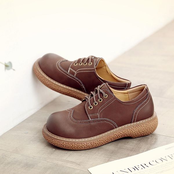 

qpfjqd genuine split leather women carving retro brogue shoes lace-up soft platform female flats japanese style student girls, Black