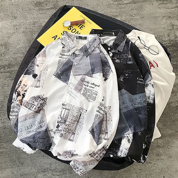 

long sleeve buttoned shirt english newspaper print shirt fabric soft comfortable breathable casual men's classic lapel, White;black