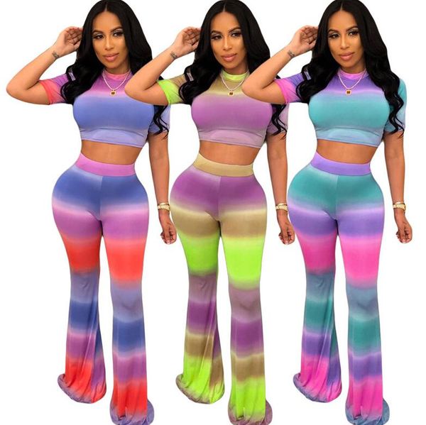 

women designer tie-dye gradient printing short sleeve t shirt crop slim flared pants brand two piece outfits luxury sports suit cz528, White