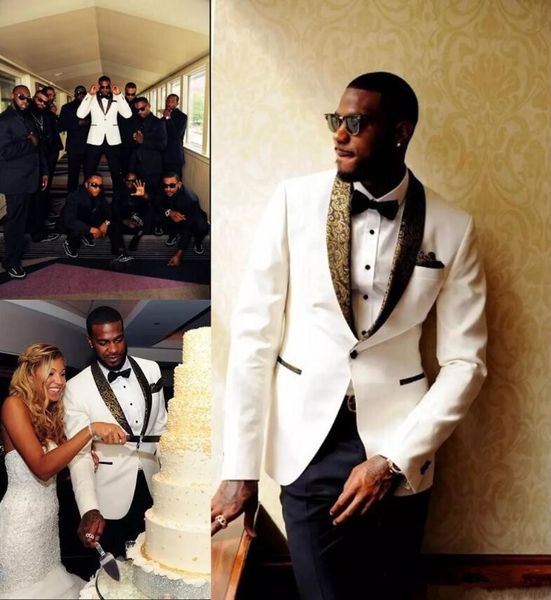 

handsome white wedding tuxedos slim fit gold pattern lapel suits for men one button groom suit groomsman wear only the jacke2519, Black;gray