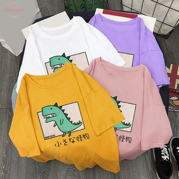 

womens o neck dinosaur print loose t shirt soft casual female letter 2020 summer streetwear casual t shirts couple, White