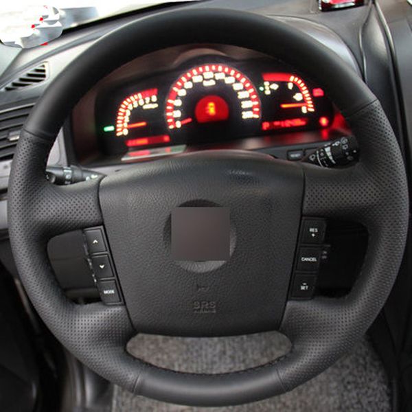

black leather hand-stitched car steering wheel cover for kia borrego 2008-2015
