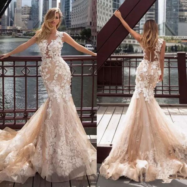 

2019 новый милла нова шампанское свадебные платья русалка кружева аппликация прозрачная шея свадебные платья пляжный развертки поезд свадебн, White