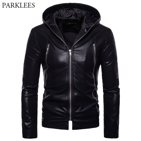 

hooded pu leather jacket men casual side zipper slim fit windproof motorcycle leather jacket mens coats luxury casaco masculino, Black