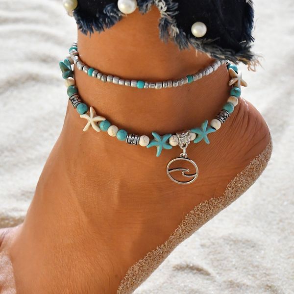 

europe and america fashion anklet double layer waves wave beach turquoise pendant anklet entirely handmade bracelets, Red;blue