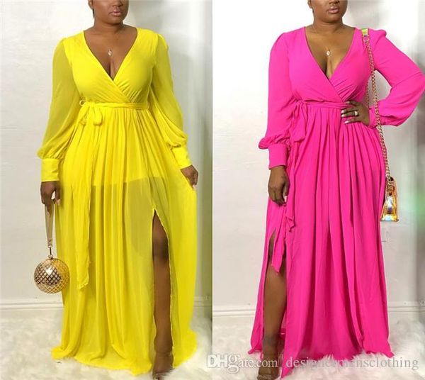 

womens maxi dresses perspective deep v-neck long sleeve split dresses with sashes fashion ladies dresses, Black;gray